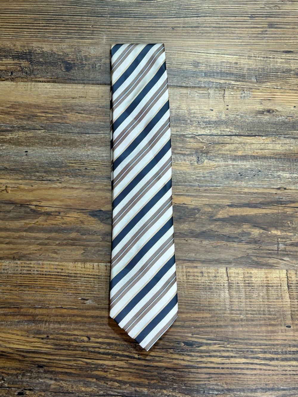 Geoffrey Beene Mens Striped Tie Neutral Tan Brown Black Cream - Hand Made - Picture 4 of 4